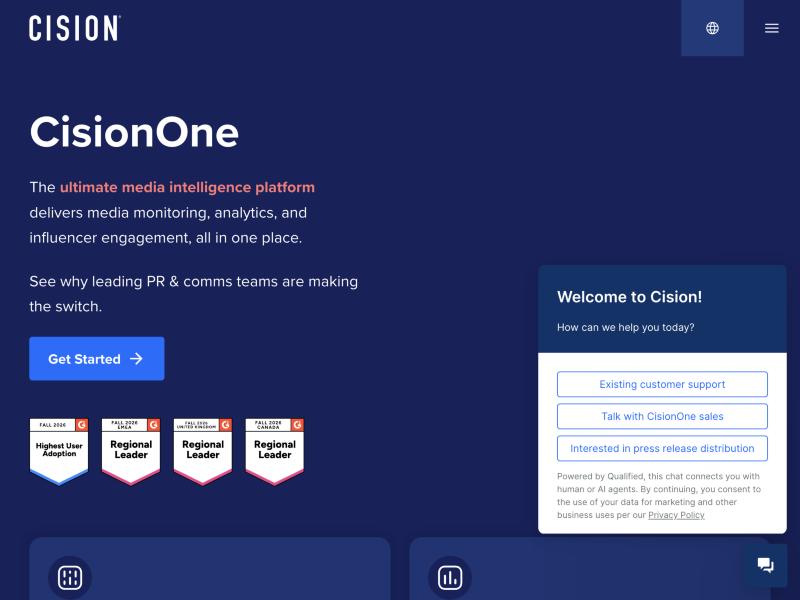 The Cision homepage showing the CisionOne platform