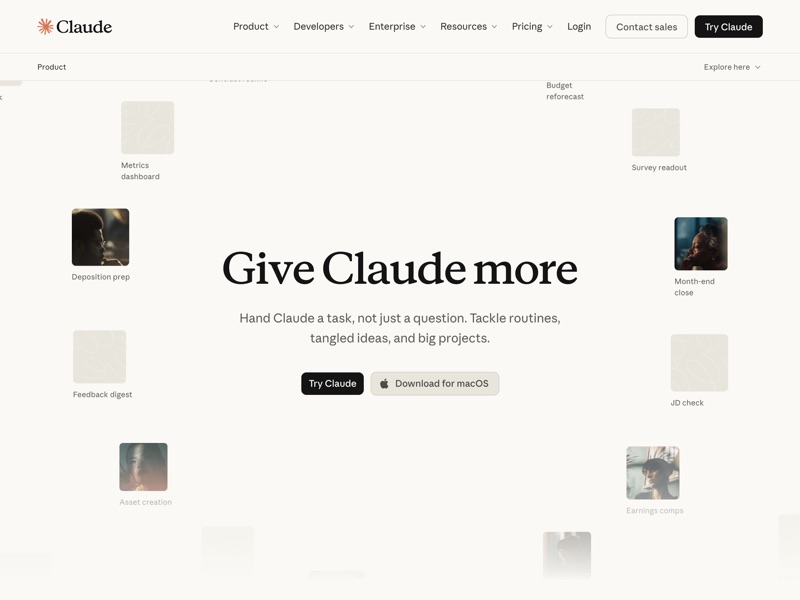 The Claude product overview page from Anthropic with the headline Give Claude more
