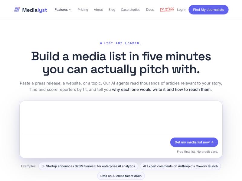 The Medialyst homepage showing its AI-powered media list builder
