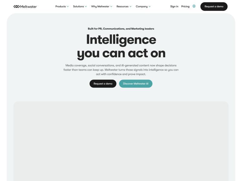 The Meltwater homepage showing its media intelligence platform
