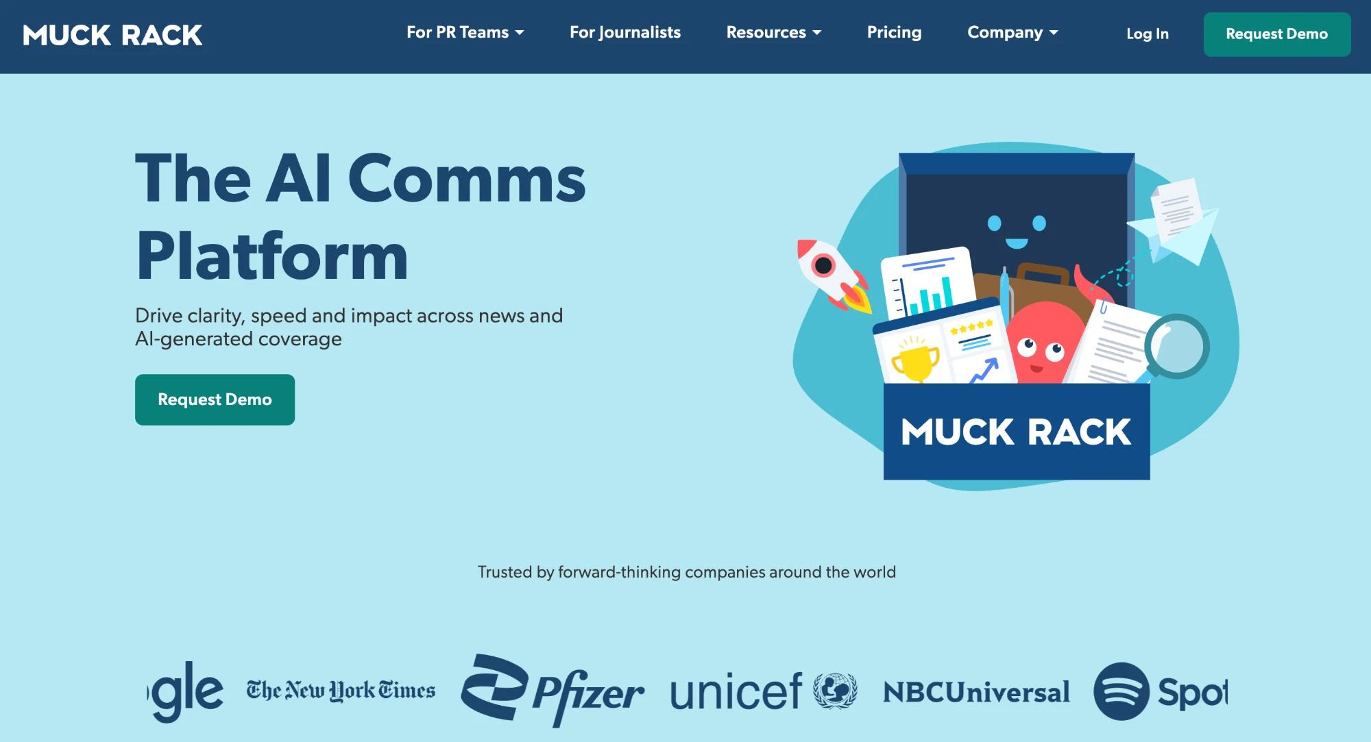 The Muck Rack homepage branding itself as The AI Comms Platform