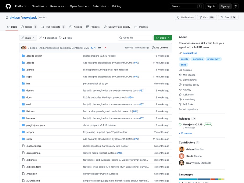 The Newsjack GitHub repository, described as the open-source skills that turn your agent into a full PR team