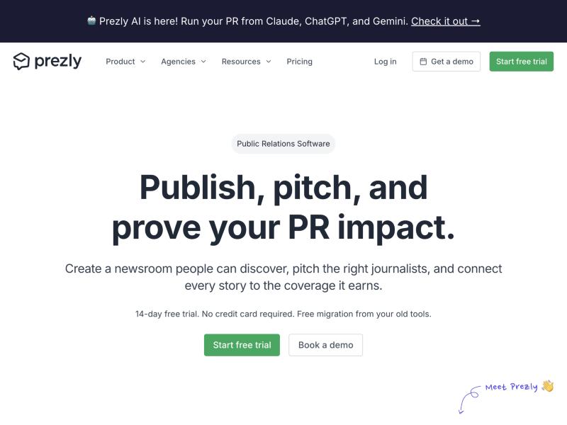 The Prezly homepage showing its newsroom and pitching tools