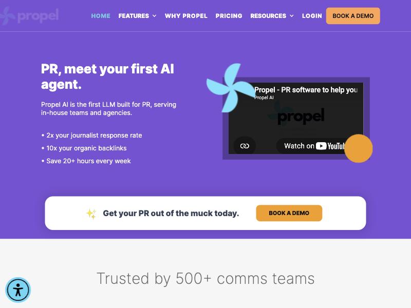 The Propel homepage showing its PR-focused AI agent positioning