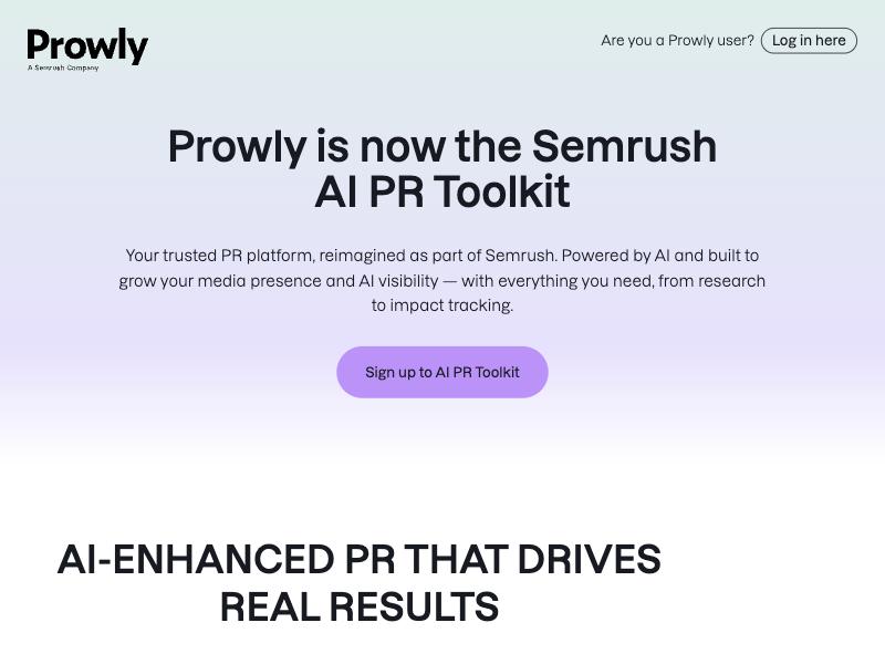 The Prowly homepage showing its rebrand as the Semrush AI PR Toolkit