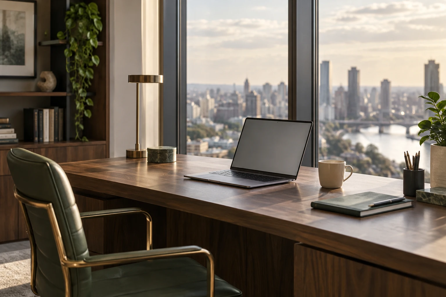 Illustrative workplace scene with an empty desk, laptop, and city view