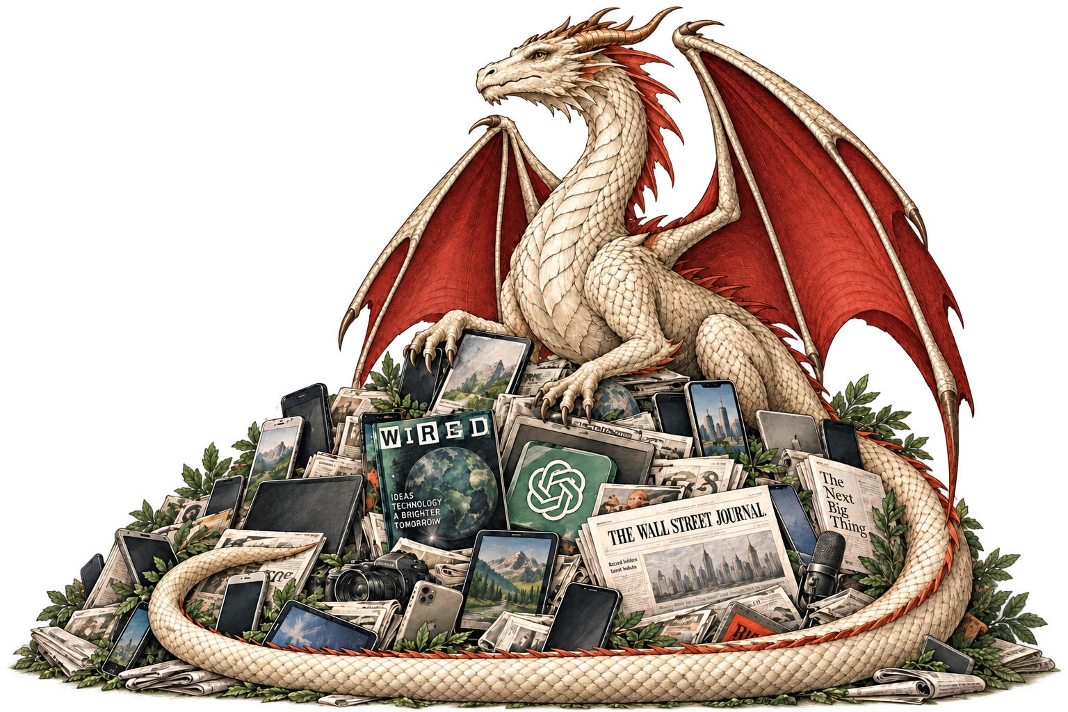 An illustrated dragon resting on a hoard of newspapers, screens, cameras, and microphones.